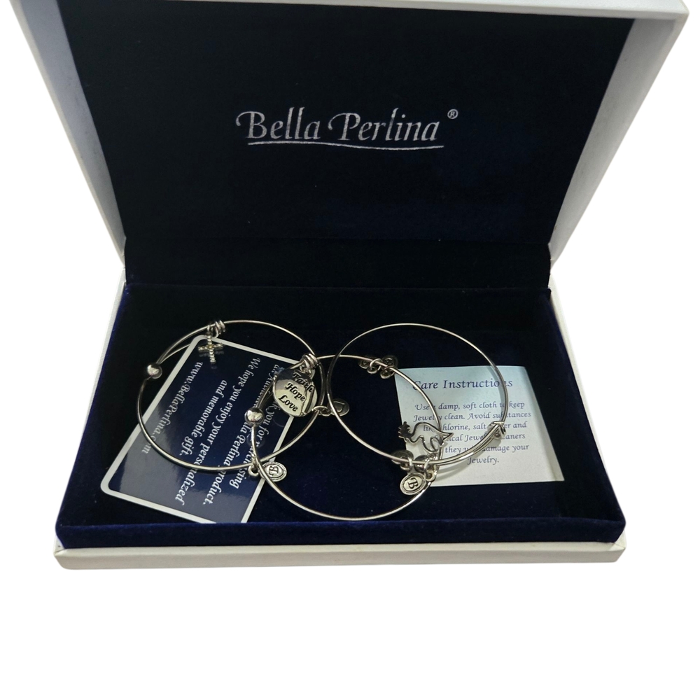 Bella Perlina Silver Bangle Set with Charms Faith Hope Love